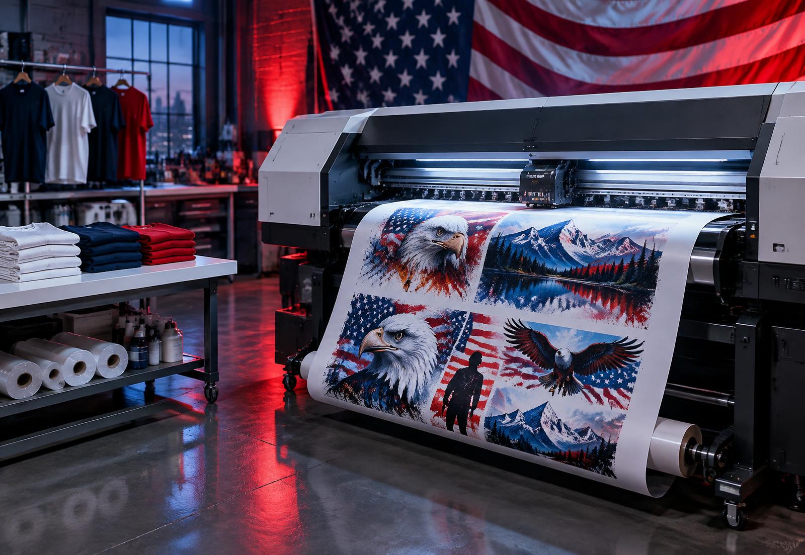 Wide-format DTF printer producing patriotic red, white and blue heat transfers