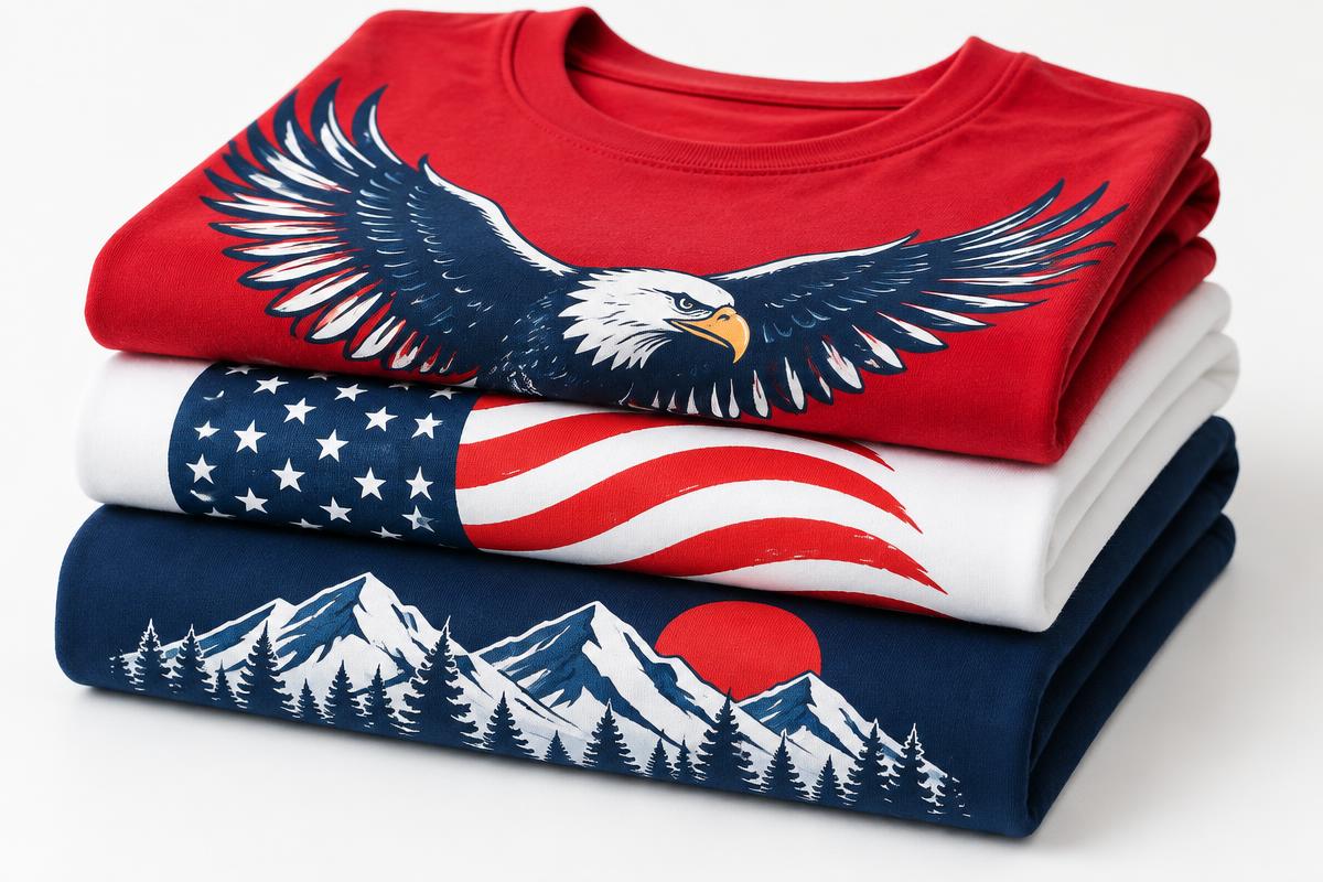 Stack of red, white and navy tees printed with patriotic eagle and flag designs